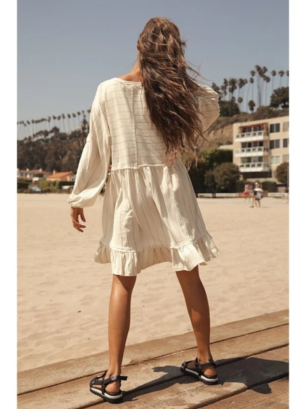 FP Beach April Cream Boho Striped Ruffle Hem Long Sleeve Tunic Mini Dress Sz S - Picture 4 of 10